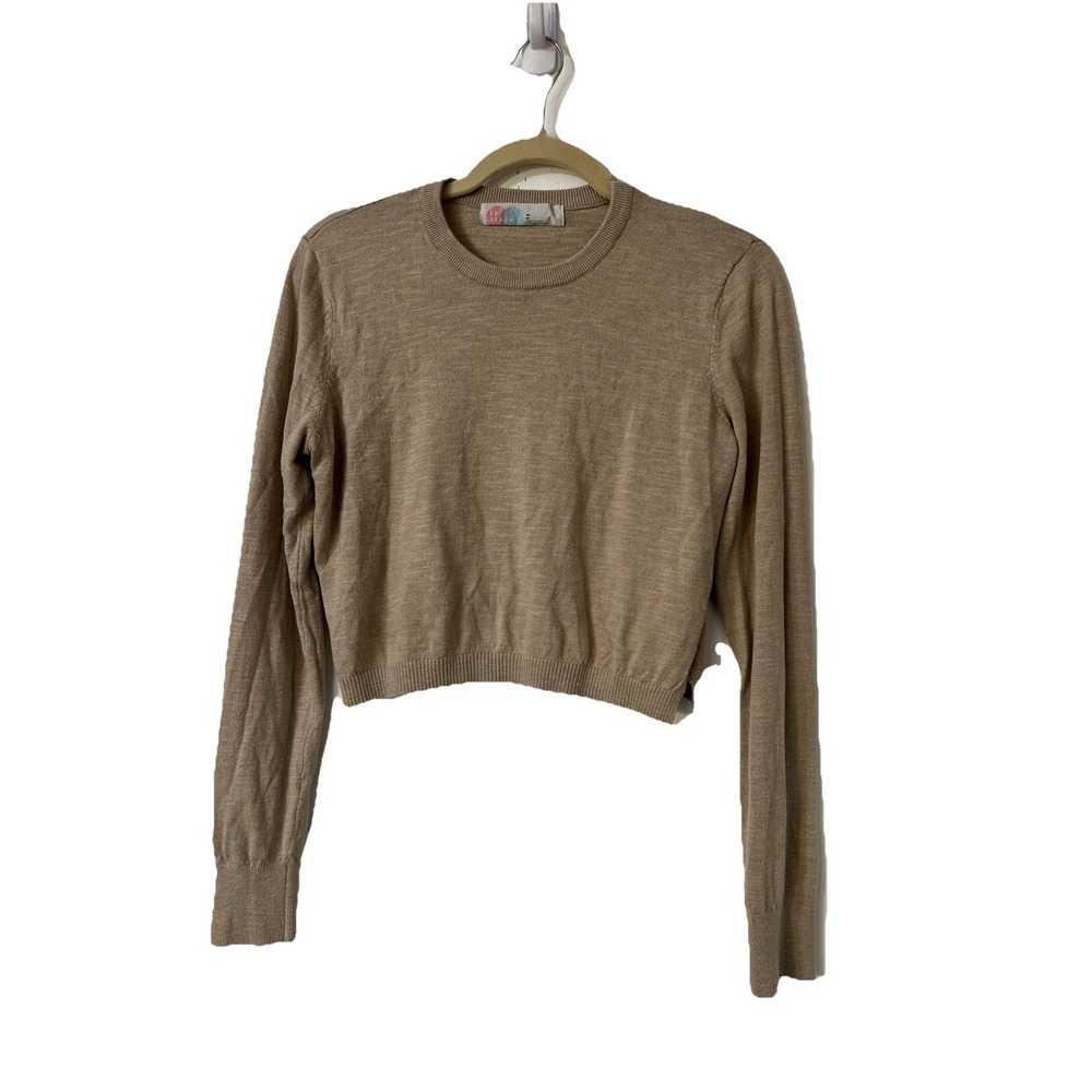 Free People‎ Beach Knit Cropped Sweater Beige Long Sleeve Crew  Neck M